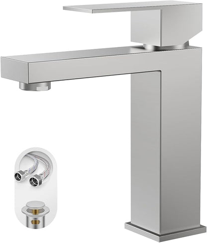 Phiestina Single Hole Brushed Nickel Square Single Handle Bathroom Vanity Faucet with Metal pop up Drain with Deck Plate, Overflow & Water Supply line, BF3530-BN