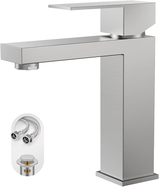 Phiestina Single Hole Brushed Nickel Square Single Handle Bathroom Vanity Faucet with Metal pop up Drain with Deck Plate, Overflow & Water Supply line, BF3530-BN