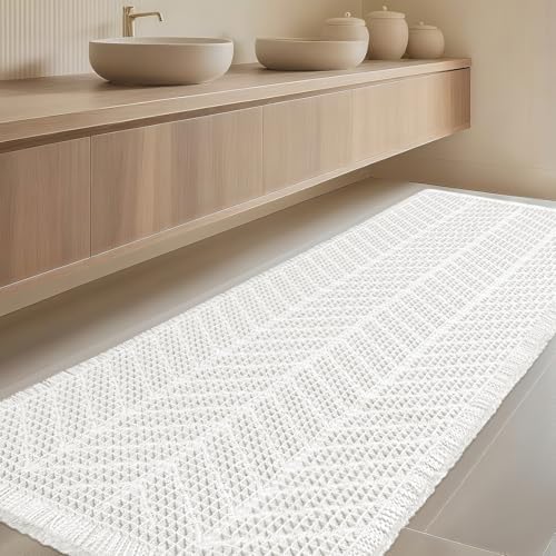 IM HOME Extra Large Waffle Bath Mat, Boho Bathroom Rugs Absorbent Non Slip, Ultra Soft Bathroom Mat, Machine Washable Knit Bath Rugs with Herringbones for Bathroom, Bedroom,Kitchen,Tub, 5'x2', White
