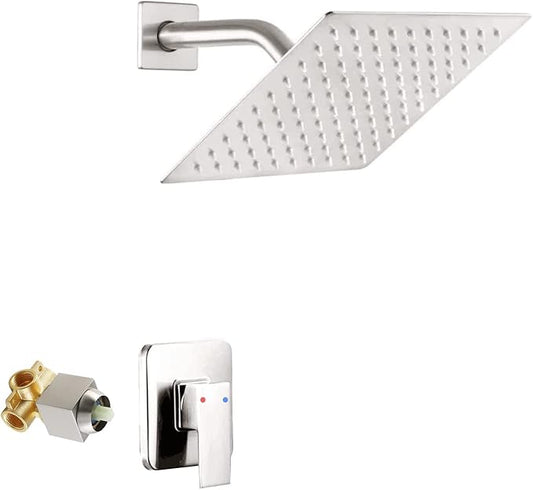 Brushed Nickel Shower Faucet GGStudy Single Function Shower Trim Kit with Rough-in Valve Shower Set Bath Rainfall Shower Faucet System 8inch Square Stainless Steel Metal Shower Head
