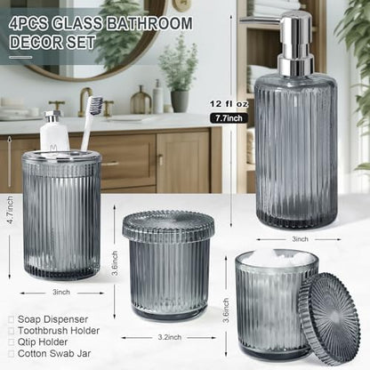 KASUNTING Gray Glass Bathroom Accessories 4 Pcs, Grey Bathroom Set, Soap Dispenser and Toothbrush Holder Set, Qtip Holder Set, Vintage Bathroom Sink Set, Modern Bathroom Decor