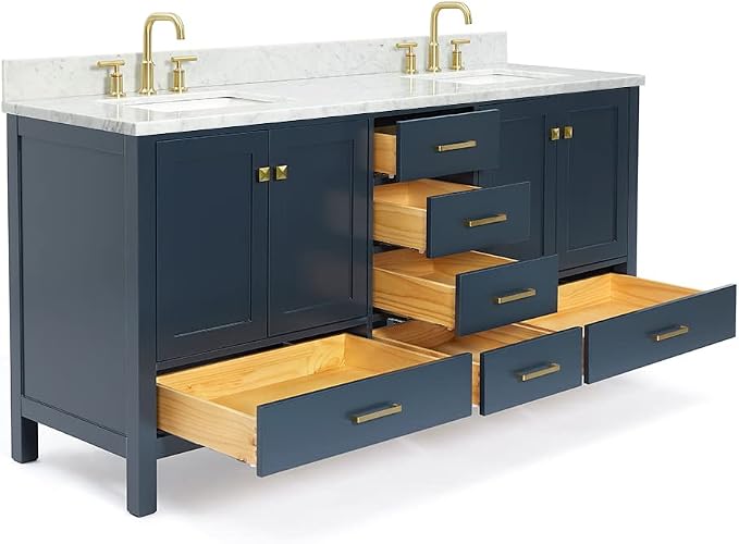 ARIEL Cambridge 72-inch Bathroom Vanity with Sink,Solid Wood, 0.75-inch Italian Carrara Marble Countertop, Double Rectangular Porcelain Sink, 4 Soft Closing Doors, 6 Dovetail Drawers, Midnight Blue