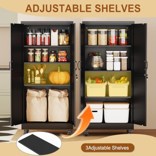 61" Metal Garage Storage Locker Cabinet with Wheels,Rolling Black Farmhouse Kitchen Pantry Cabinet with 2 Doors and 3 Adjustable Shelves, Steel File Tool Cabinet for Home Office Warehouse