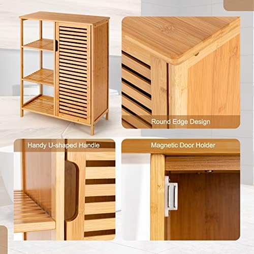 Tangkula Bamboo Bathroom Floor Cabinet, Storage Cabinet with Shutter Door and 3 Tier Shelves, Freestanding Bathroom Cabinet for Living Room Kitchen Hallway, Natural