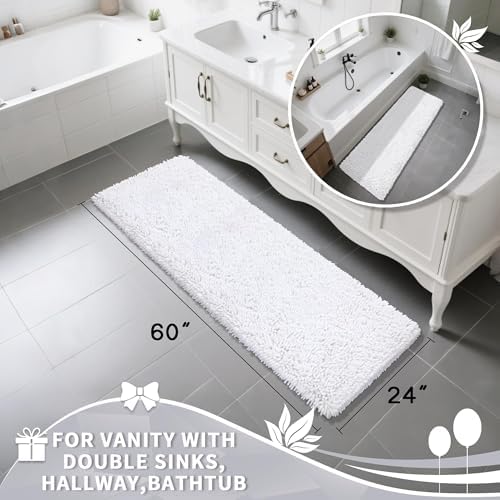 Yimobra Long Bathroom Rugs Runner 60x24 Inch, Extra Thick Soft Absorbent Chenille Bath Mat, Non Slip Machine Washable, Quick Dry Bath Rugs for Bathroom Floor, Tub and Shower, White
