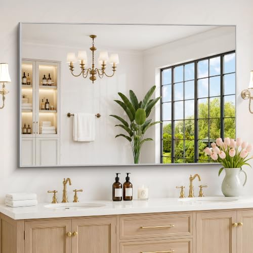 DESBING 60" x 40" Bathroom Mirror, Silver Metal Frame Wall Mirror