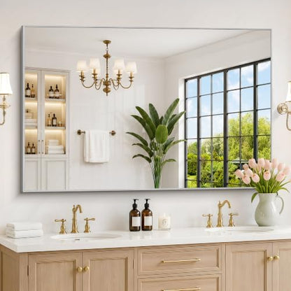 DESBING 60" x 40" Bathroom Mirror, Silver Metal Frame Wall Mirror