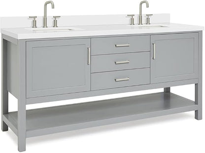 ARIEL Bayhill 72-inch Bathroom Vanity with Sink,Solid Wood, 1.5-inch Pure White Quartz Countertop & Backsplash, Double Rectangular Porcelain Sink, 2 Soft Closing Doors, 3 Dovetail Drawers, Grey