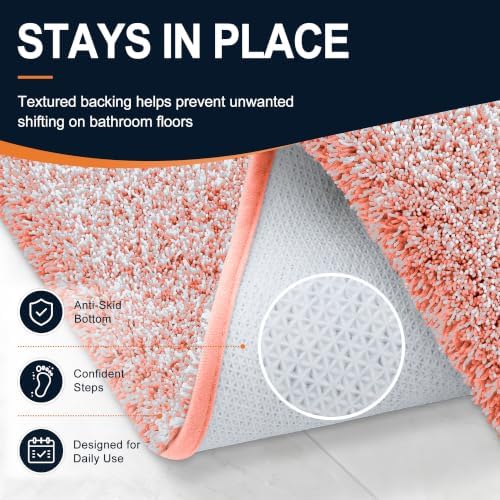OLANLY Microfiber Bathroom Rugs 59x20, Quick Dry Bath Mat, Coral and White