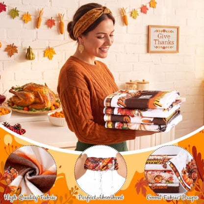 FuWeave 8 Pcs Happy Thanksgiving Shower Curtain Set, Rustic Turkey Pumpkin Farmhouse Bathroom Decor, Non-Slip Bath Rug, U Mat, Toilet Lid Cover, Hand Towels & 12 Hooks, Autumn Fall Harvest Home Decor