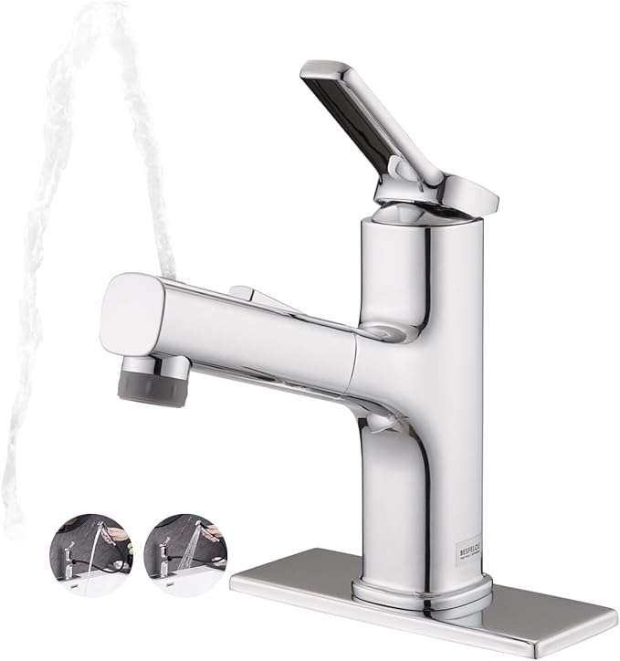 Pull Out Bathroom Faucet, Single Handle Bathroom Sink Faucet with Pull Out Sprayer, Bathroom Faucet for Sink, with Pop-up Drain & Deck Plate 1 or 4-inch Centerset 3 Hole, Chrome