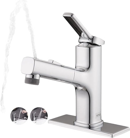 Pull Out Bathroom Faucet, Single Handle Bathroom Sink Faucet with Pull Out Sprayer, Bathroom Faucet for Sink, with Pop-up Drain & Deck Plate 1 or 4-inch Centerset 3 Hole, Chrome