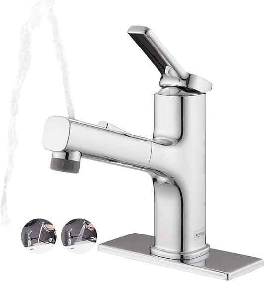 Pull Out Bathroom Faucet, Single Handle Bathroom Sink Faucet with Pull Out Sprayer, Bathroom Faucet for Sink, with Pop-up Drain & Deck Plate 1 or 4-inch Centerset 3 Hole, Chrome
