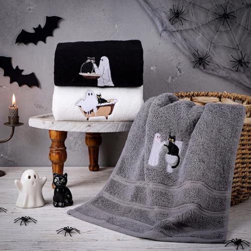 FuWeave 3 Pcs Black White Halloween Ghost Hand Towels for Bathroom