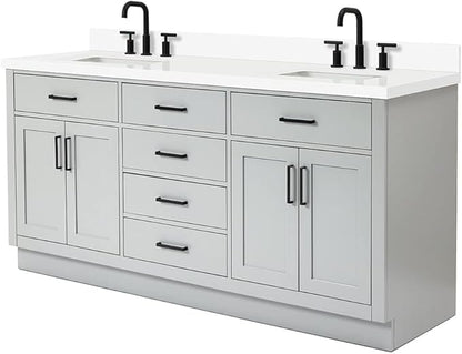 ARIEL Hepburn 72-inch Bathroom Vanity with Sink,Solid Wood, 1.5-inch Pure White Quartz Countertop & Backsplash, Double Rectangular Porcelain Sink, 4 Soft Closing Doors, 6 Dovetail Drawers, Grey