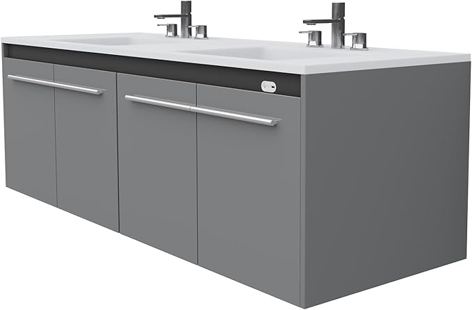 AMERLIFE 60" LED Floating Bathroom Double Vanity with Sink, Modern High Gloss Wall Mounted Bathroom Storage Cabinet with 3 Hole Sink, Metal Handles & Soft Closing Doors, Grey