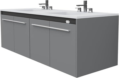 AMERLIFE 60" LED Floating Bathroom Double Vanity with Sink, Modern High Gloss Wall Mounted Bathroom Storage Cabinet with 3 Hole Sink, Metal Handles & Soft Closing Doors, Grey