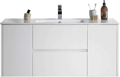 Blossom 48 Inch Bathroom Vanity with Sink, Wall Mounted All-Wood Floating Bathroom Vanity Cabinet with Ceramic Sink, Vanities for Bathroom, 2 Doors & Soft-Closing U-Shaped Drawers, Glossy White