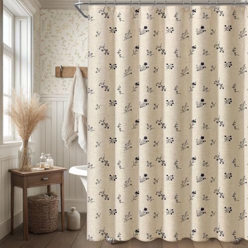 Black Floral Vintage Linen Shower Curtain Embroidered Textured 72Wx72H