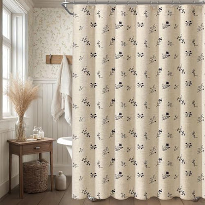 Black Floral Vintage Linen Shower Curtain Embroidered Textured 72Wx72H