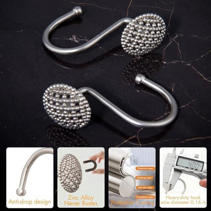 Pearlbee Nickel Shower Curtain Hooks,12pcs, Heavy Duty Rings for Shower Rod