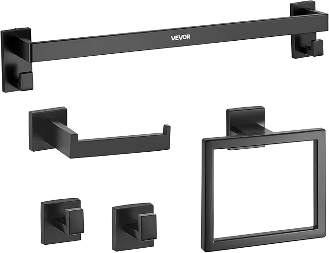 VEVOR Matte Black Bathroom Hardware Set, 5 Pieces Stainless Steel Bathroom Accessories Set, 24-inch Towel Bar, Towel Rack, 2 Robe Towel Hooks, Toilet Paper Holder, for Bath Room, Wall Mounted