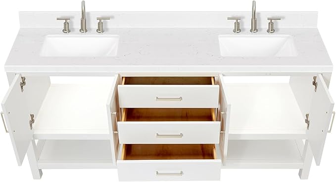 DKB Olivia 72-Inch White Double Bathroom Vanity, 1.5-Inch Carrara Quartz Countertop & Backsplash, Rectangular Undermount Sinks, 4 Soft Closing Doors, 3 Dovetail Drawers, Open Shelf, Brushed Nickel