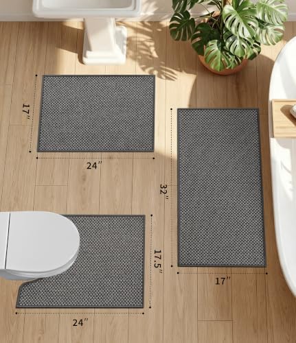 YIHOUSE Dark Grey Bathroom Rugs Sets 3 Pieces,Thin Bath Mat Quick Dry