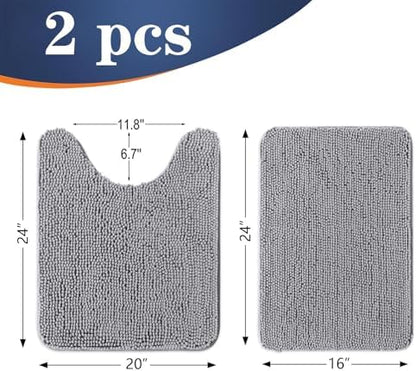 OLANLY Chenille Bathroom Rugs Mats Sets 2 Piece, 24"x16"+24"x20", Grey