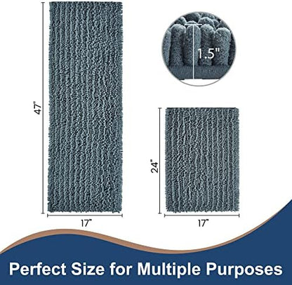Luxury Chenille Dusty Blue Bathroom Rugs Sets 2 Piece, Thickened Hot Melt Rubber Bottom Bath Mats for Bathroom Non Slip,Bath Rugs Quick Dry Machine Washable for Shower Mat (47"x17"+17"x24")