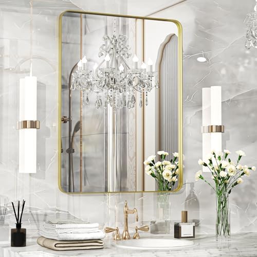 Fun Memories Gold Bathroom Mirror 23x32 Inch Bathroom Vanity, Metal Black Frame Large Mirror, Modern Wall Mirror for Bathroom, Tempered Glass, Farmhouse, Horizontally or Vertically