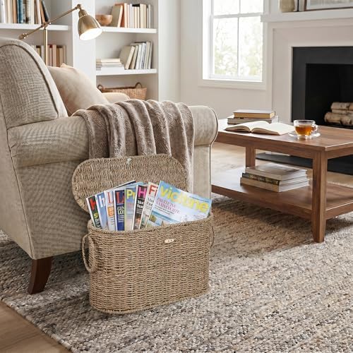 efluky Toilet Paper Storage Basket, Seagrass Slim Toilet Paper Holder with Lid- Holds Up to 9 Mega Rolls, Home Bathroom Decor Organizer