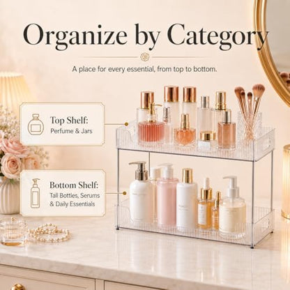 Goderewild 2-Tier Bathroom Counter Organizer, Multi-Purpose Cosmetics Skincare Shelf, Fits A4 Size Makeup Organizer for Office and Vanity Tray, Countertop Storage Solution for Kitchen,Bath.(Clear)
