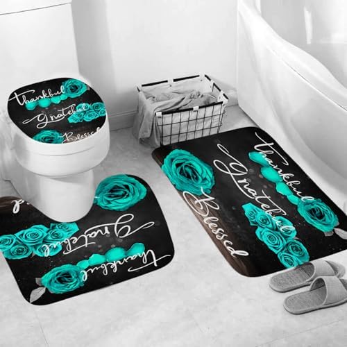 Onalasyc 4Pcs Green Rose Floral Shower Curtain with Rugs Set