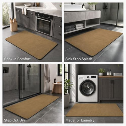 MontVoo -Bath Mat Rug-Rubber Backing Non Slip Quick Dry Absorbent Thin Bathroom Rugs Fit Under Door-Faux Suede Surface Bathroom Floor Mats-Shower Rug for in Front of Bathtub Shower Camel 17"x27.5"
