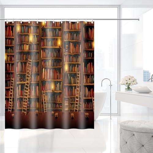Vintage Library Retro Old Bookshelf Shower Curtain with Hooks 72 x 72 Inch
