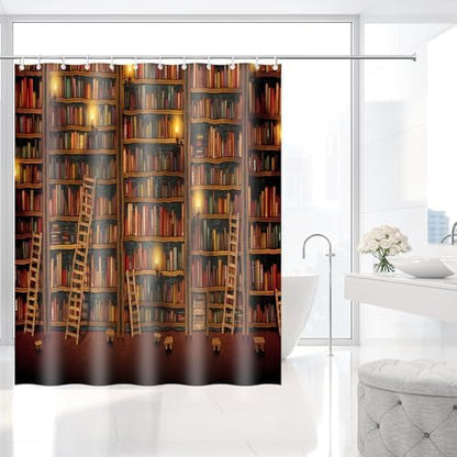 Vintage Library Retro Old Bookshelf Shower Curtain with Hooks 72 x 72 Inch