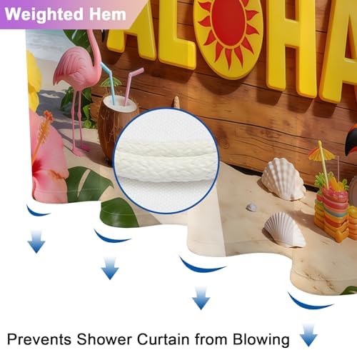 Hawaiian Summer Tropical Shower Curtain Set, Waterproof Shower Curtains for Bathroom with Weighted Hem, Machine Washable Fabric Shower Curtain with 12 Hooks, Colorful Coastal Beach Design, 72"W x 72"L