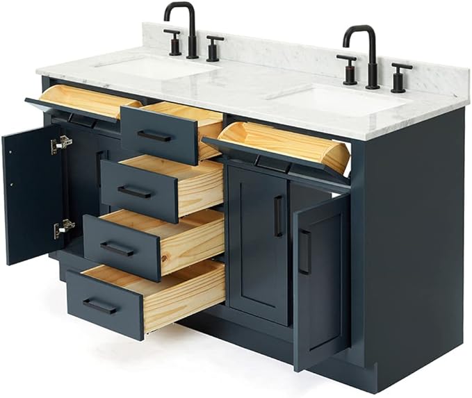 ARIEL Hepburn 60-inch Bathroom Vanity with Sink,Solid Wood, 0.75-inch Italian Carrara Marble Countertop, Double Rectangular Porcelain Sink, 4 Soft Closing Doors, 6 Dovetail Drawers, Midnight Blue