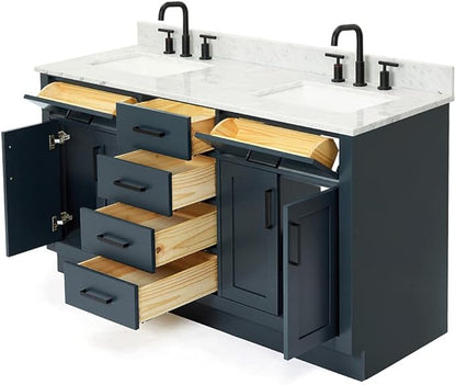 ARIEL Hepburn 60-inch Bathroom Vanity with Sink,Solid Wood, 0.75-inch Italian Carrara Marble Countertop, Double Rectangular Porcelain Sink, 4 Soft Closing Doors, 6 Dovetail Drawers, Midnight Blue