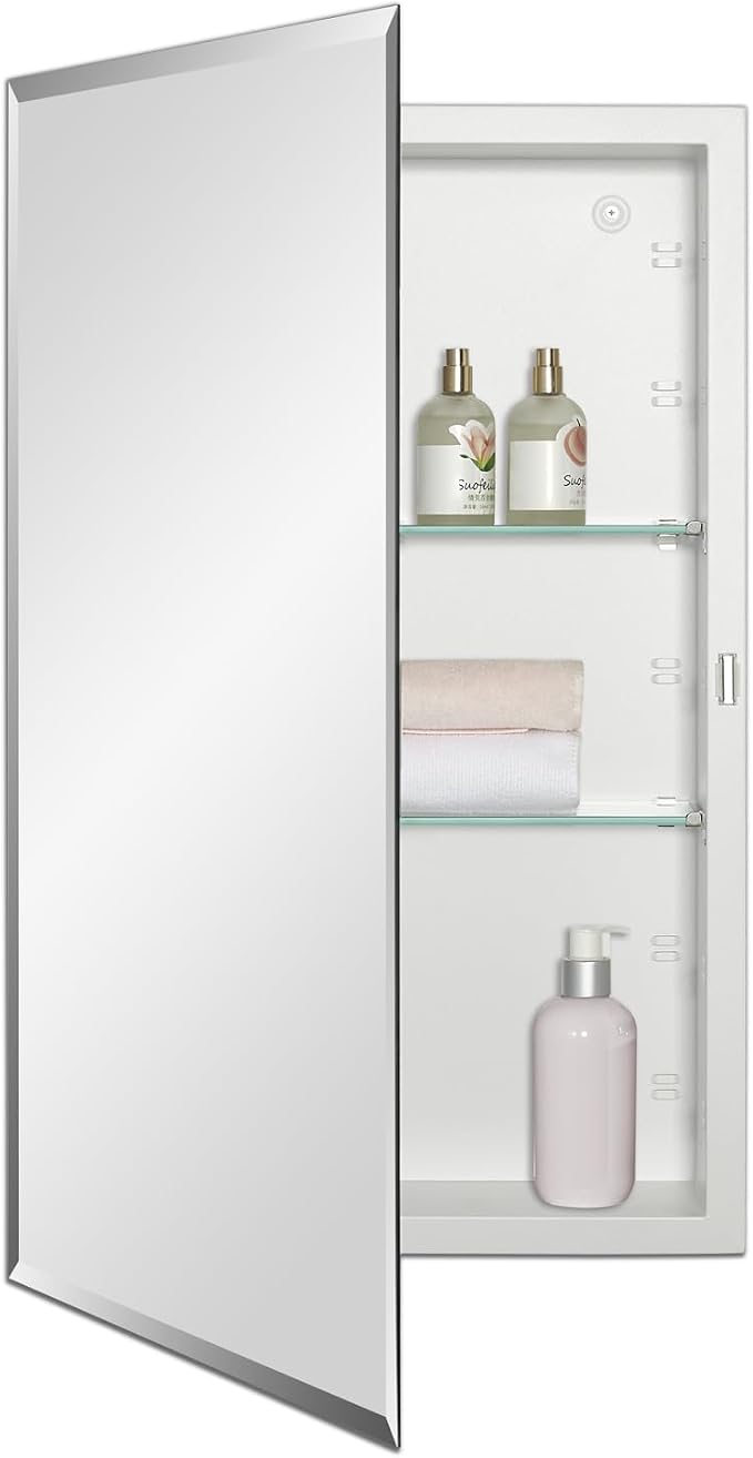 IDYLLOR Bathroom Medicine Cabinet with Beveled Edge Mirrored Door 16 x 26 inch, Recessed or Surface Mount, with Adjustable Glass Shelves