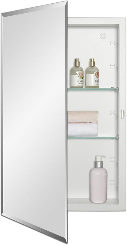 IDYLLOR Bathroom Medicine Cabinet with Beveled Edge Mirrored Door 16 x 26 inch, Recessed or Surface Mount, with Adjustable Glass Shelves