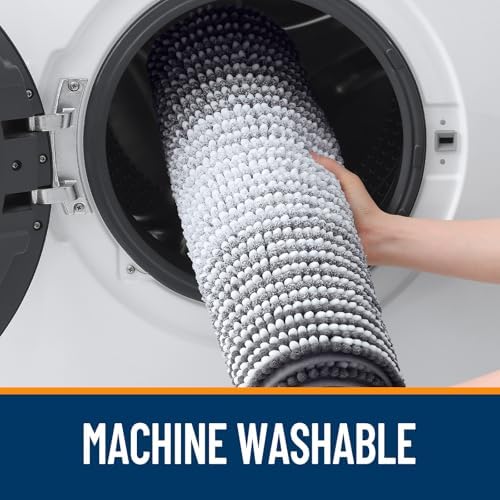 OLANLY Bathroom Runner Rugs 47x24, Soft Chenille Striped Bath Rugs, Grey