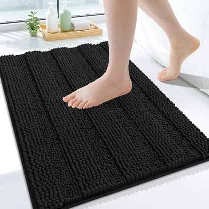 Grandaily Chenille Striped Bathroom Rugs 24x16, Extra Thick and Soft Absorbent Bath Mats, Rubber Backing, Plush Shaggy Shower Carpet, Machine Wash Dry, Bath Rug for Bathroom, Deep Black