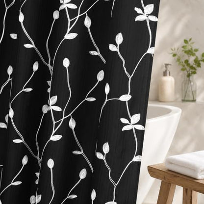 Embroidered Leaf Farmhouse Shower Curtain,Faux Linen,72Wx72L,Black