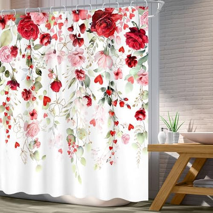 Mother Day Women Red Pink Rose Bathroom Shower Curtain Set