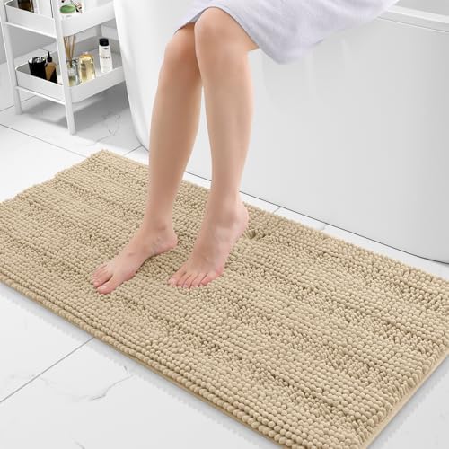 Grandaily Chenille Striped Bathroom Rugs 47x20, Extra Thick and Absorbent Bath Mats, Non-Slip Soft Plush Shaggy Shower Carpet, Machine Wash Dry, Bath Rug for Bathroom, Beige