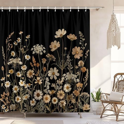 Black Floral Shower Curtain, Dark Daisy Wildflower Botanical Shower Curtain For Bathroom, Vintage Rustic Farmhouse Beige Flower Plant Fabric Cottagecore Boho Bath Curtain with 12 PCS Hooks 72X72 Inch