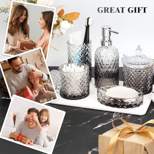 Bathroom Accessories Set, 5Pcs Bathroom Soap Dispenser Set, Glass Bathroom Accessories with Glass Soap Dispenser, Soap Dish, Toothbrush Holder, Tumbler, Qtip Holder