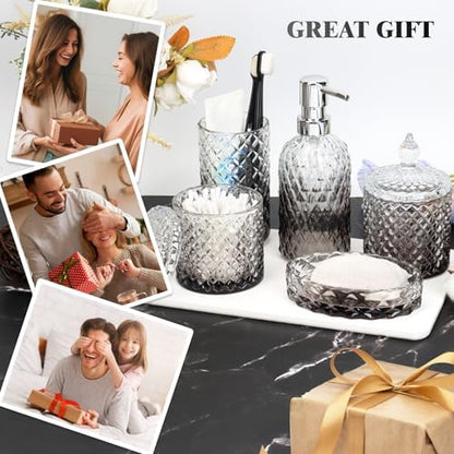 Bathroom Accessories Set, 5Pcs Bathroom Soap Dispenser Set, Glass Bathroom Accessories with Glass Soap Dispenser, Soap Dish, Toothbrush Holder, Tumbler, Qtip Holder